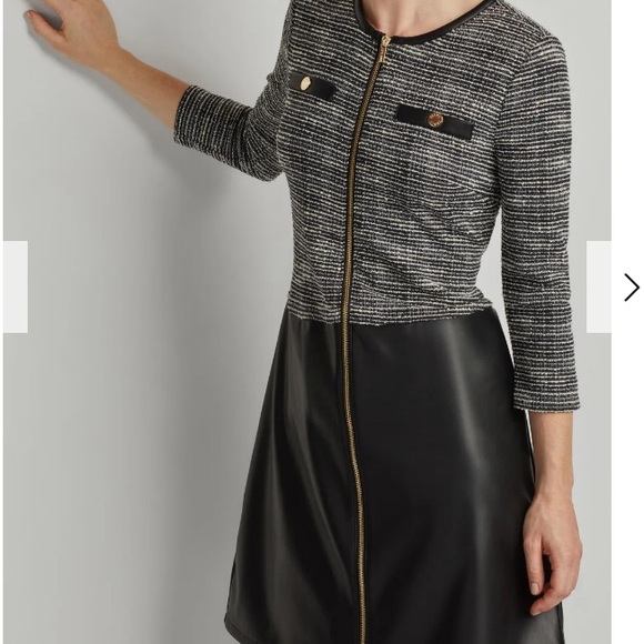 Ellen Tracy JACQUARD KNIT DRESS WITH VEGAN LEATHER SKIRT size Medium like new - Picture 4 of 11